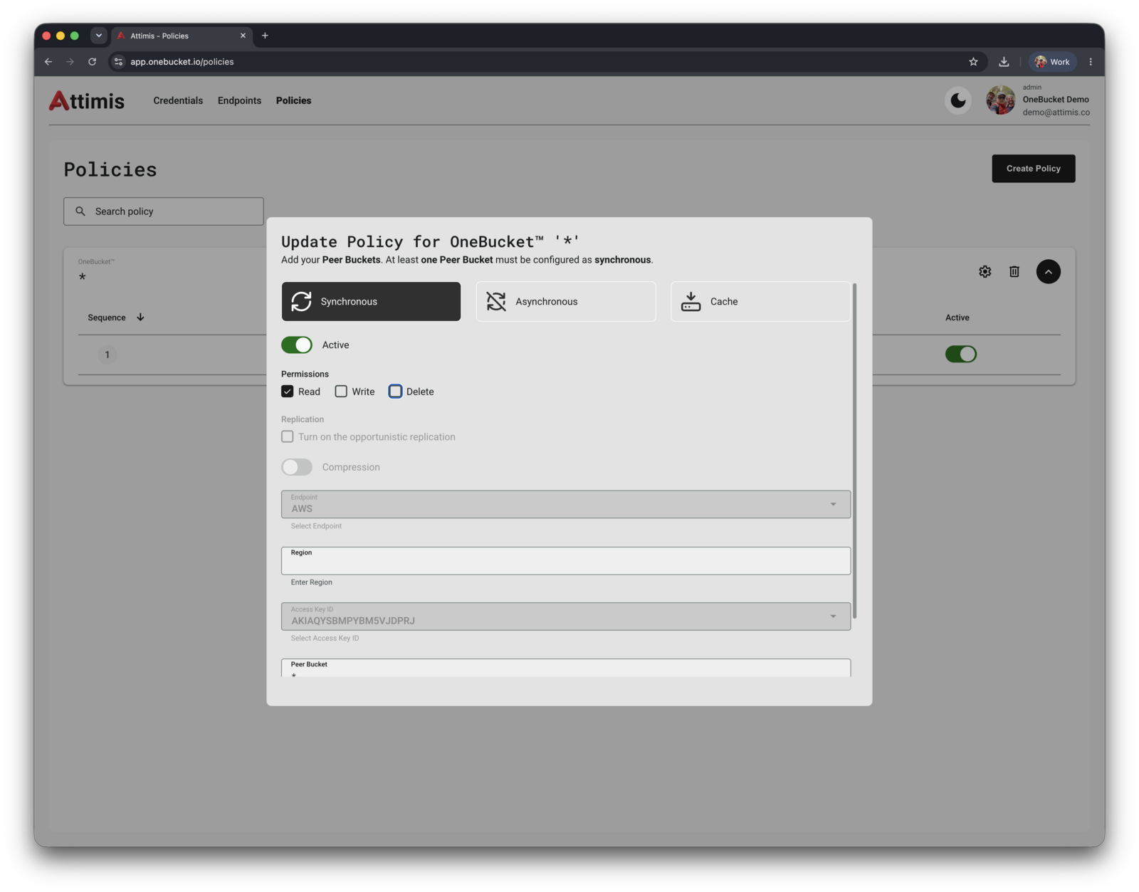 The AWS peer with only Read permission, replication greyed out