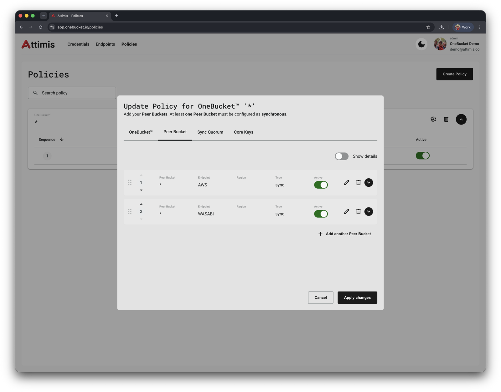Both AWS and Wasabi peers listed as active synchronous peers