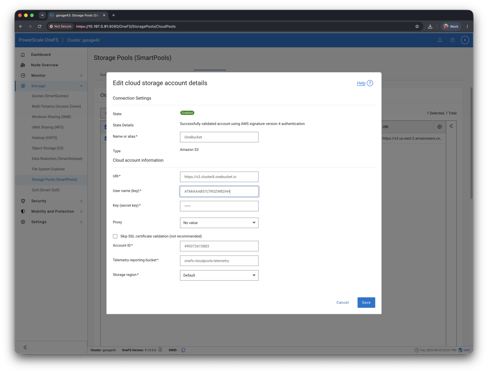 The OneFS cloud account repointed at the OneBucket S3 endpoint