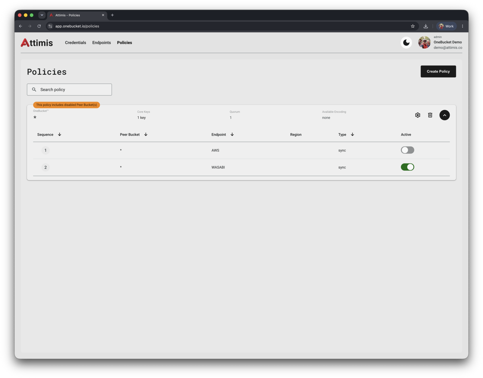 The AWS peer deactivated, with a warning banner on the policy