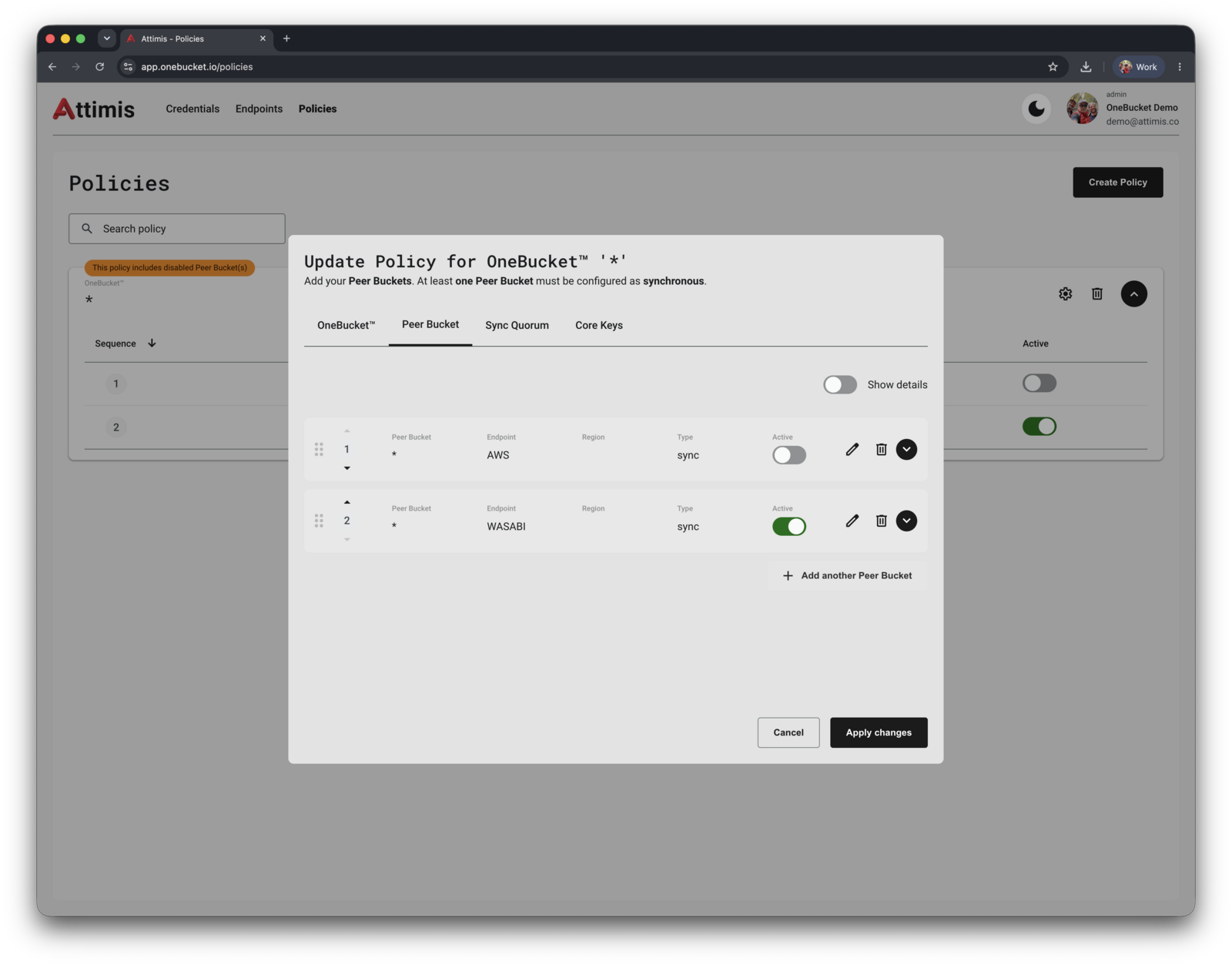 The Update Policy dialog with AWS inactive and Wasabi active