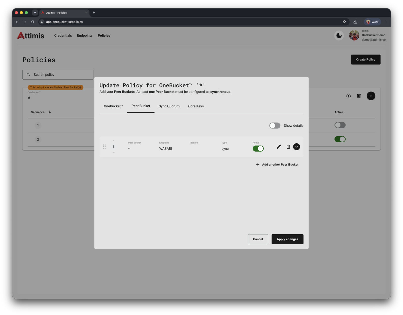 The Update Policy dialog with Wasabi as the only peer