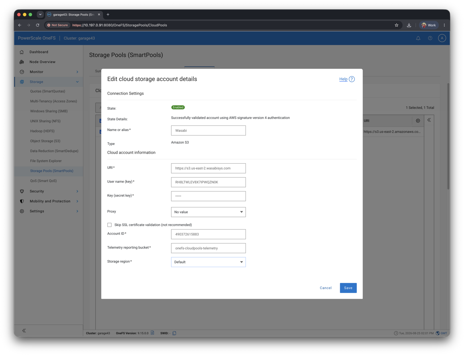 A OneFS cloud storage account pointed directly at Wasabi