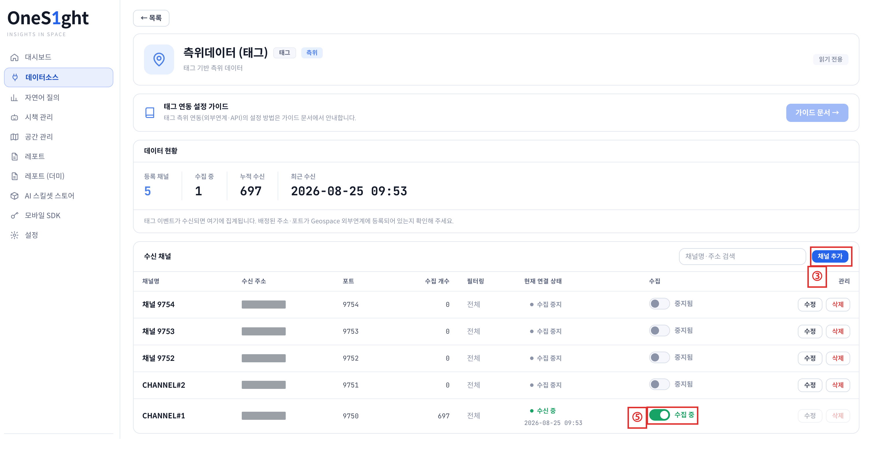 측위데이터 (태그) 화면 — 데이터 현황과 수신 채널 목록, 채널 추가 버튼