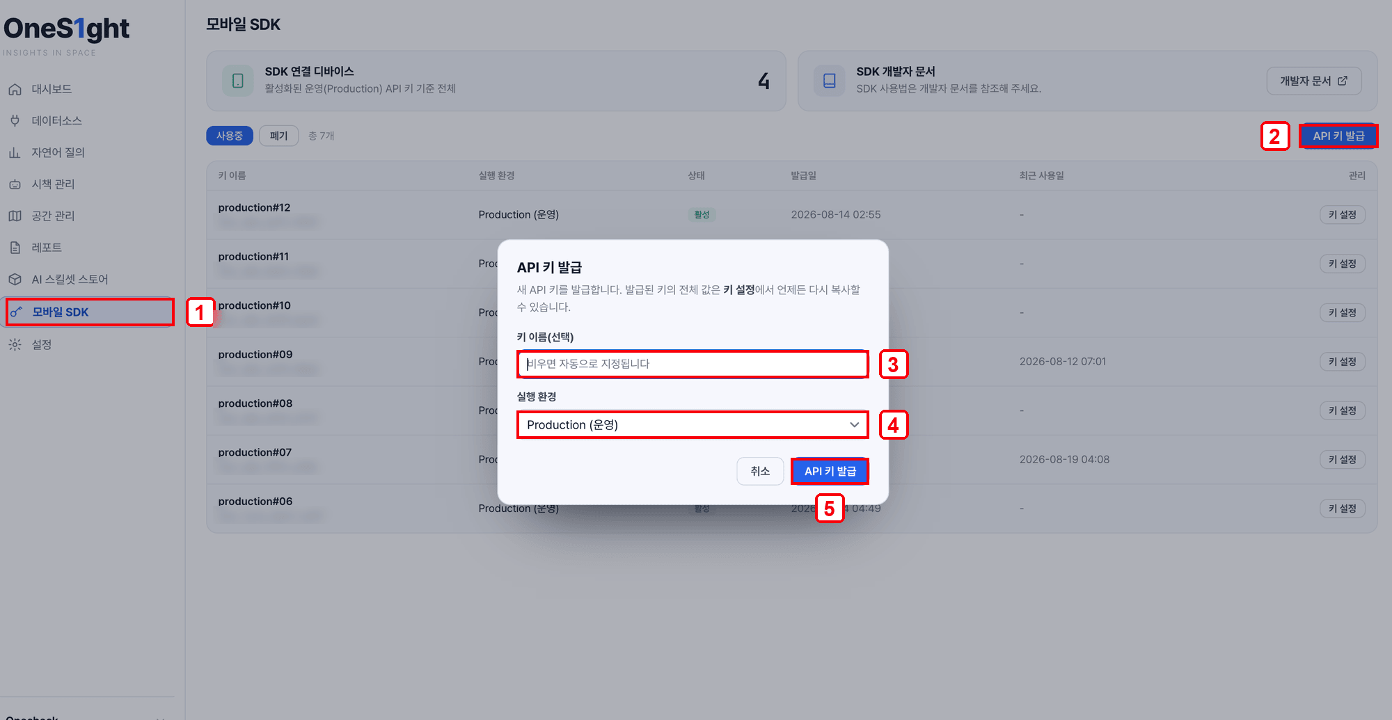 OneS1ght 콘솔 모바일 SDK 키 발급 화면 — 번호 순서대로 진행