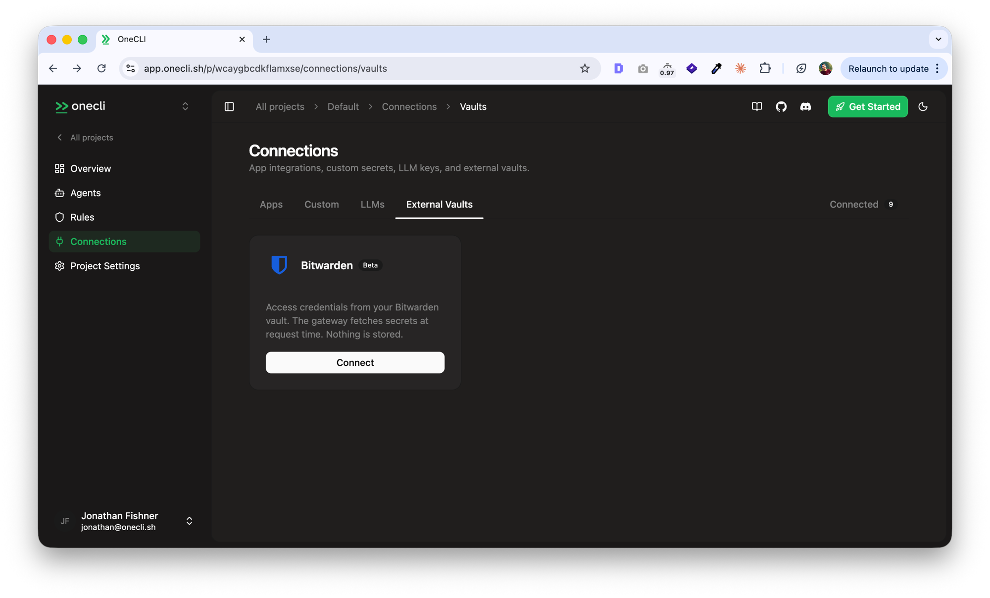 Bitwarden vault connection in the Hogpass dashboard