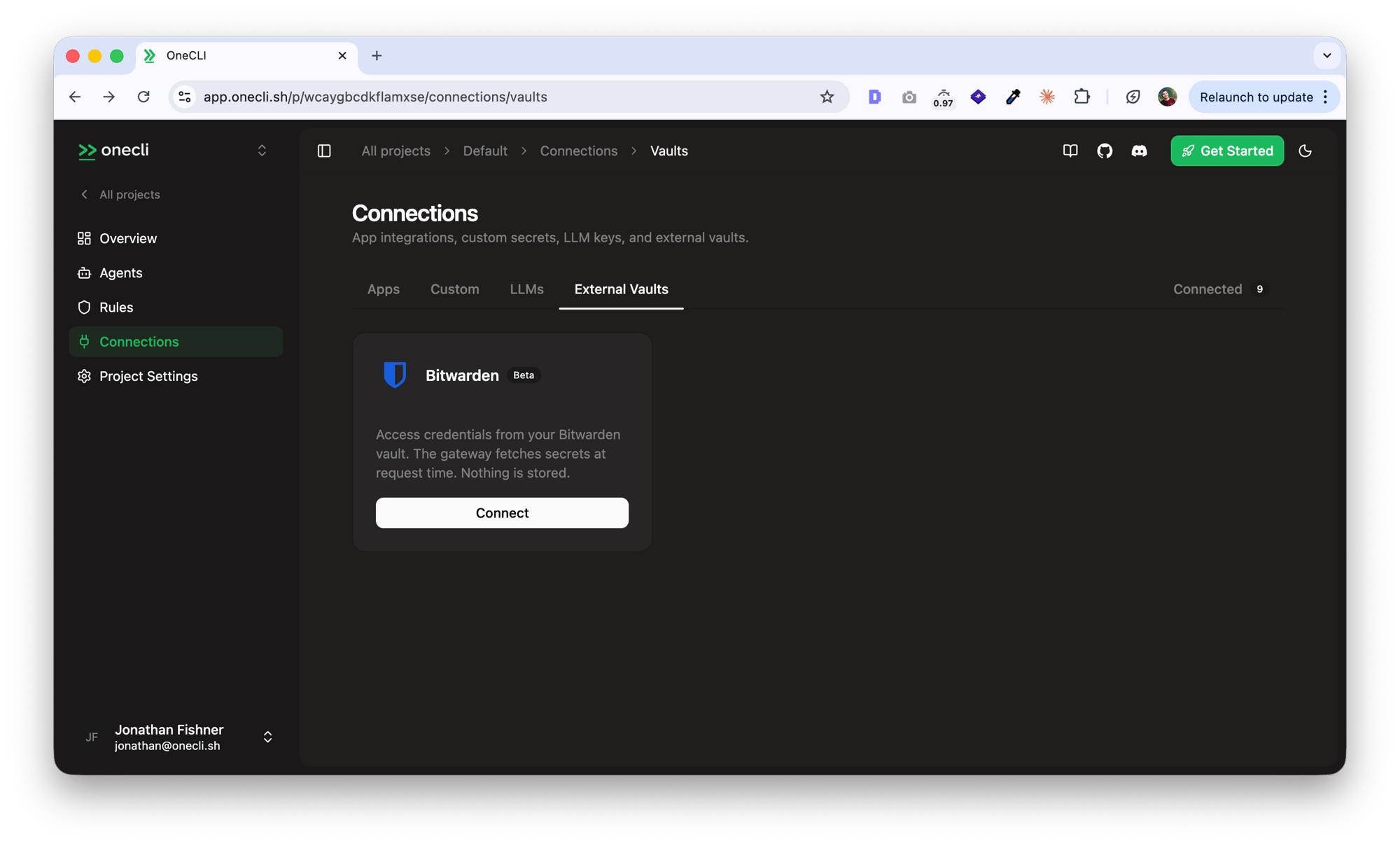 Bitwarden vault connection in the Hogpass dashboard