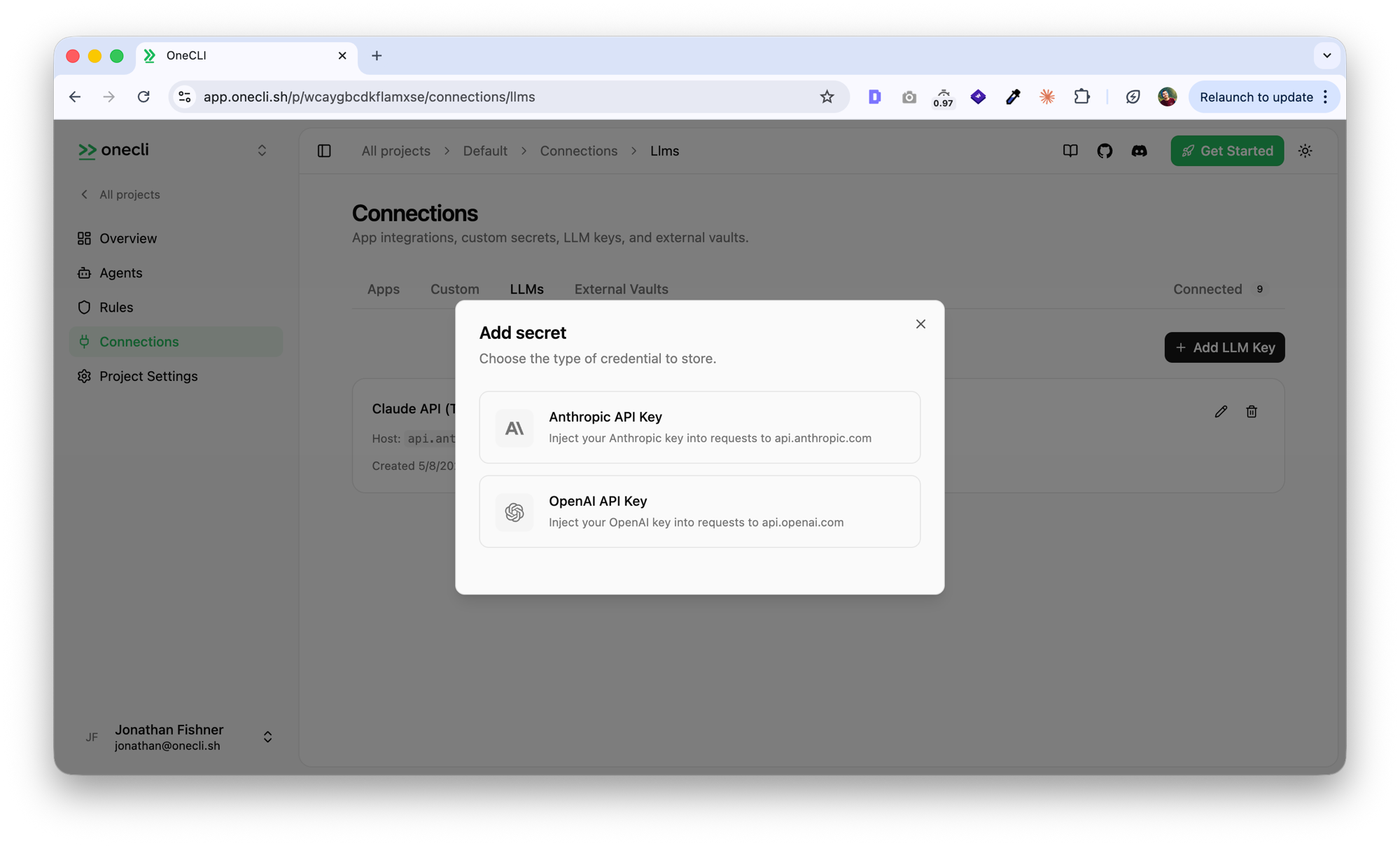 LLMs tab in the Hogpass Connections dashboard