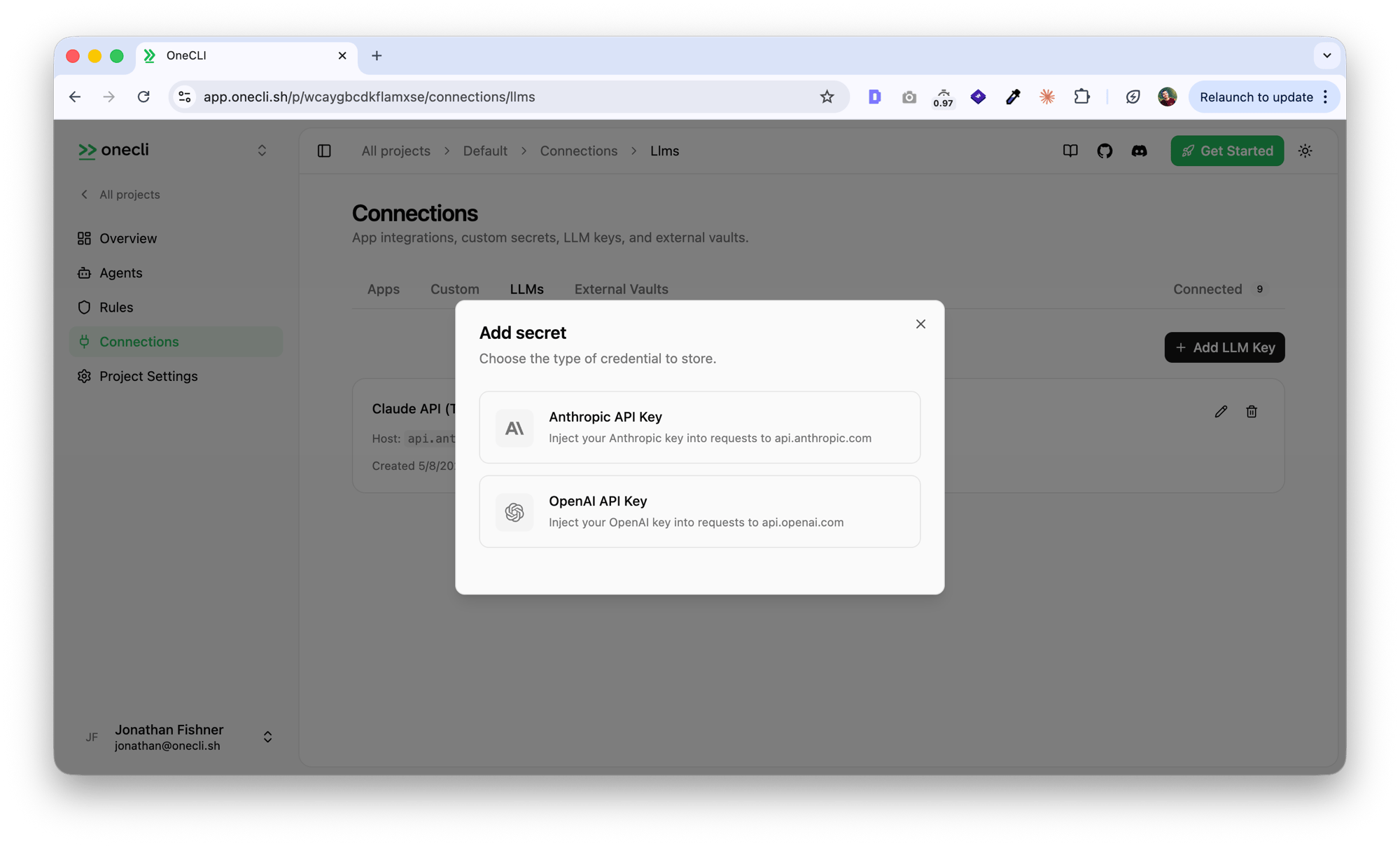 LLMs tab in the Hogpass Connections dashboard