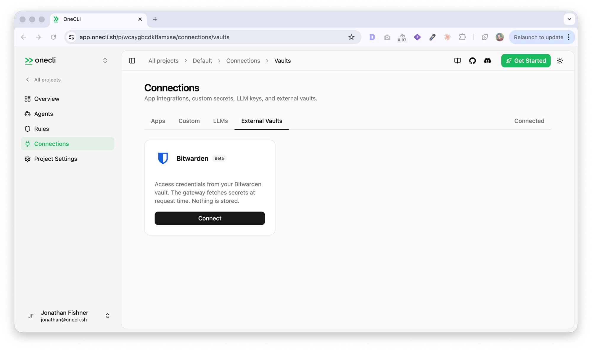 External Vaults tab in the Hogpass Connections dashboard