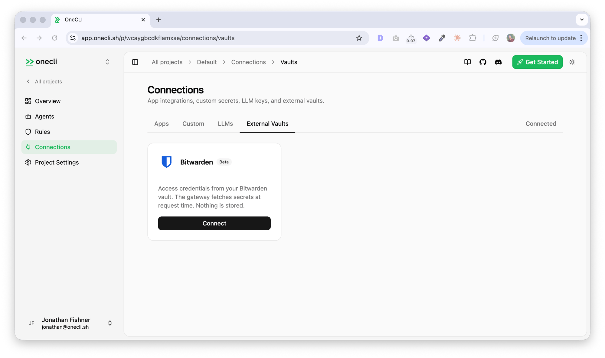 External Vaults tab in the Hogpass Connections dashboard