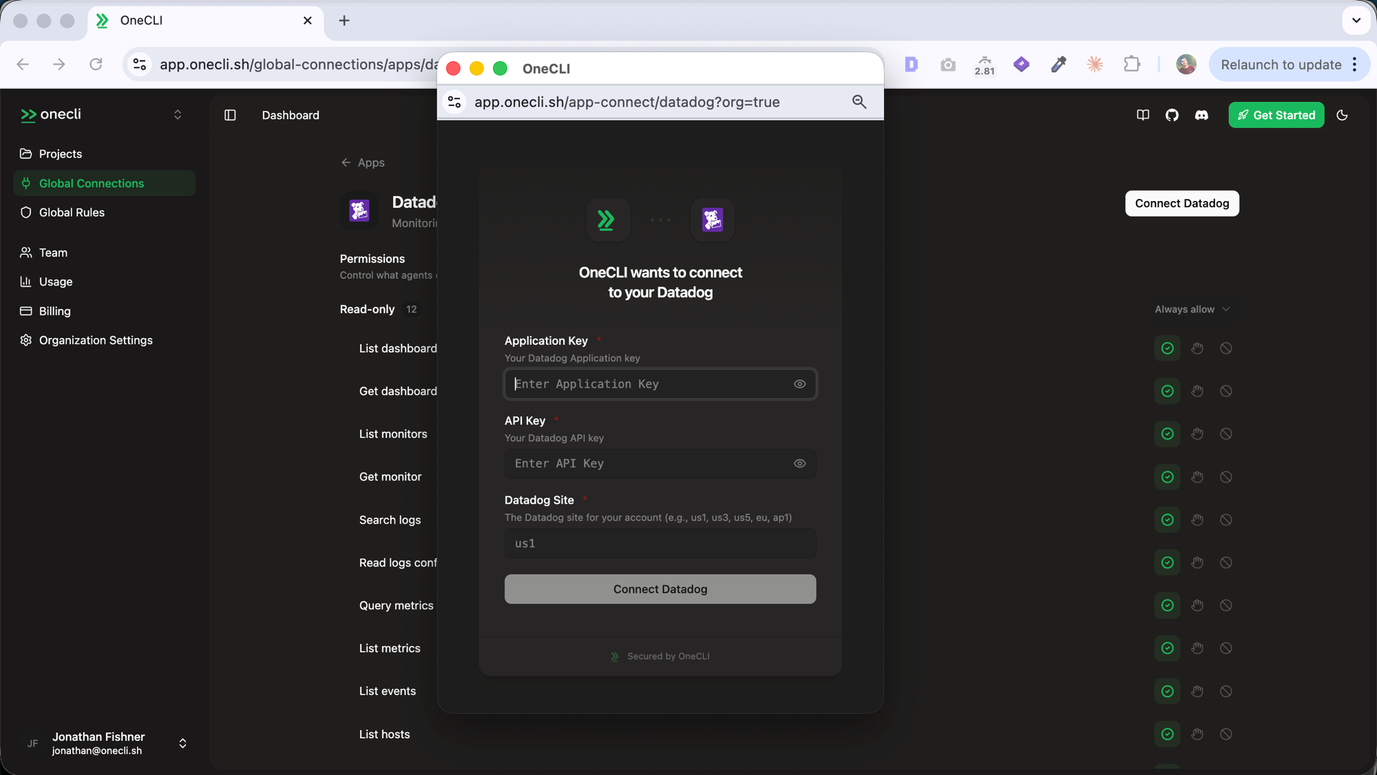 Hogpass Datadog connection dialog requesting Application Key, API Key, and Datadog Site