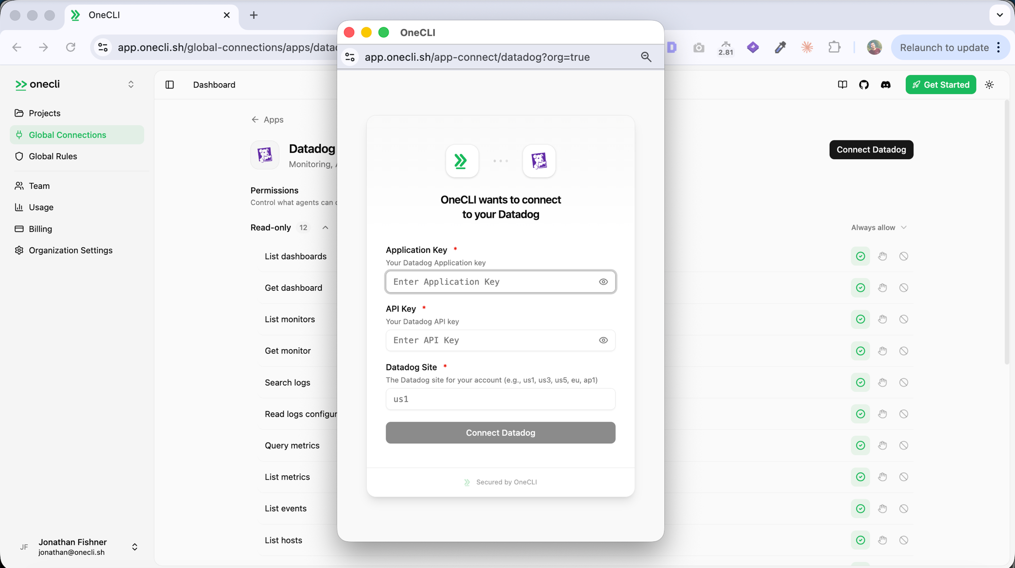 Hogpass Datadog connection dialog requesting Application Key, API Key, and Datadog Site