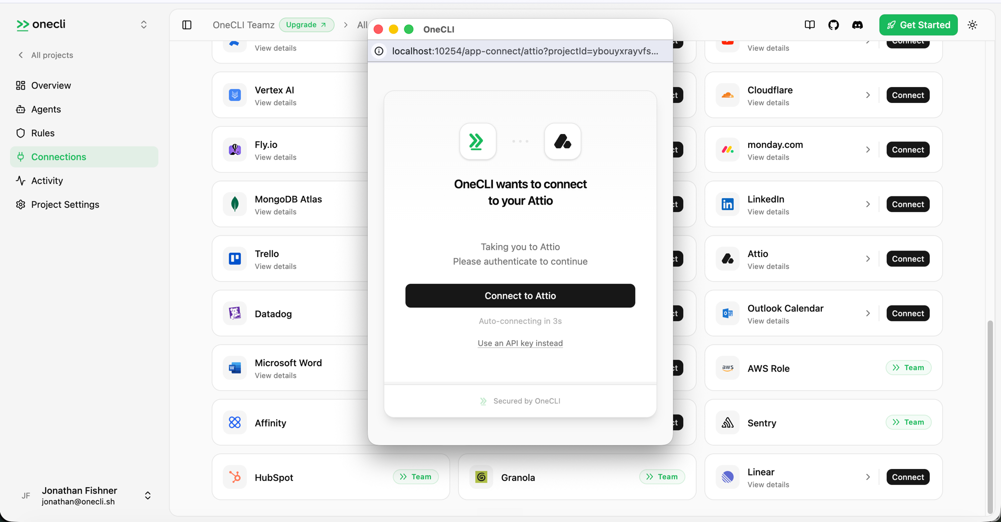 Hogpass connect dialog for Attio with a Connect to Attio button and a Use an API key instead option