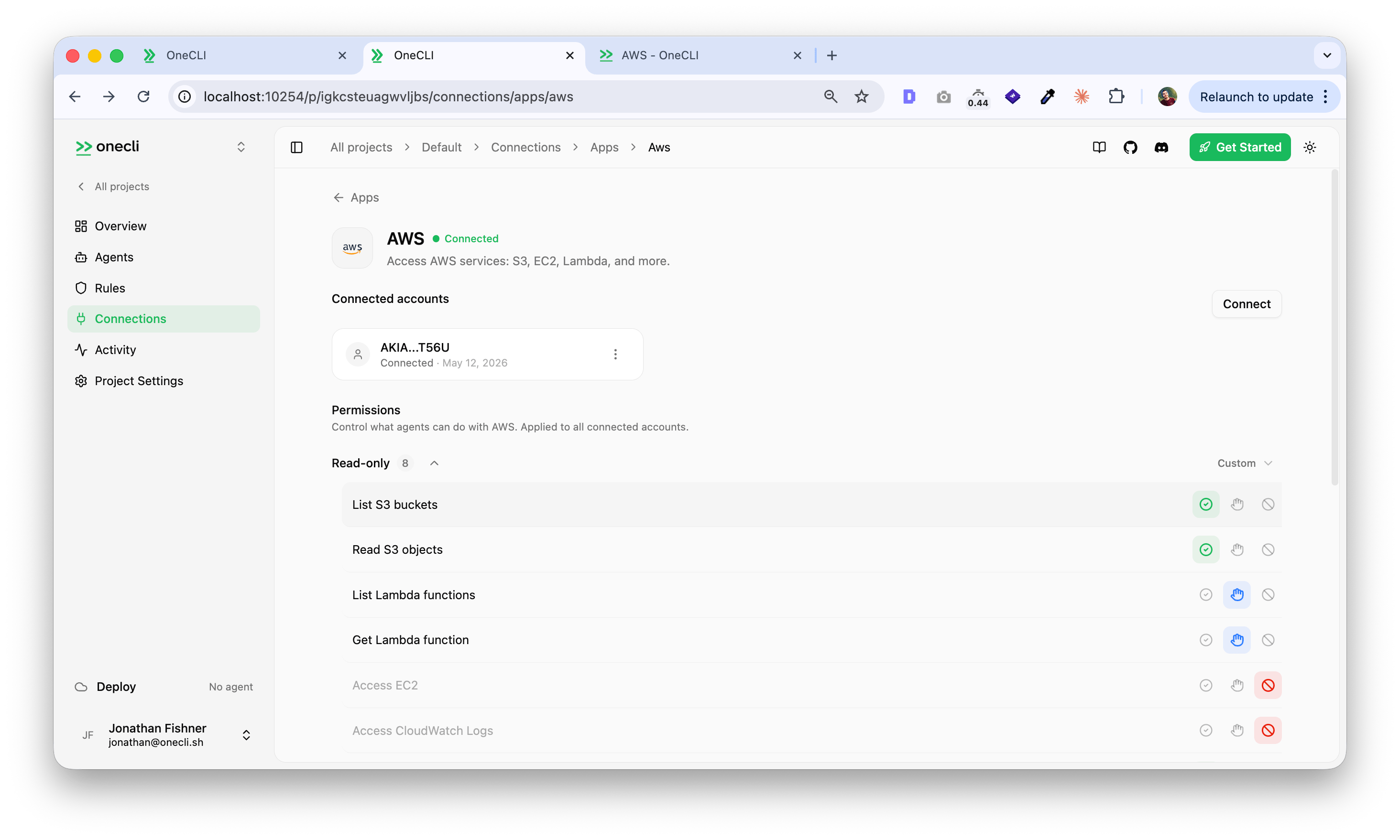 Hogpass dashboard showing the AWS connection page with connected account and per-action permissions