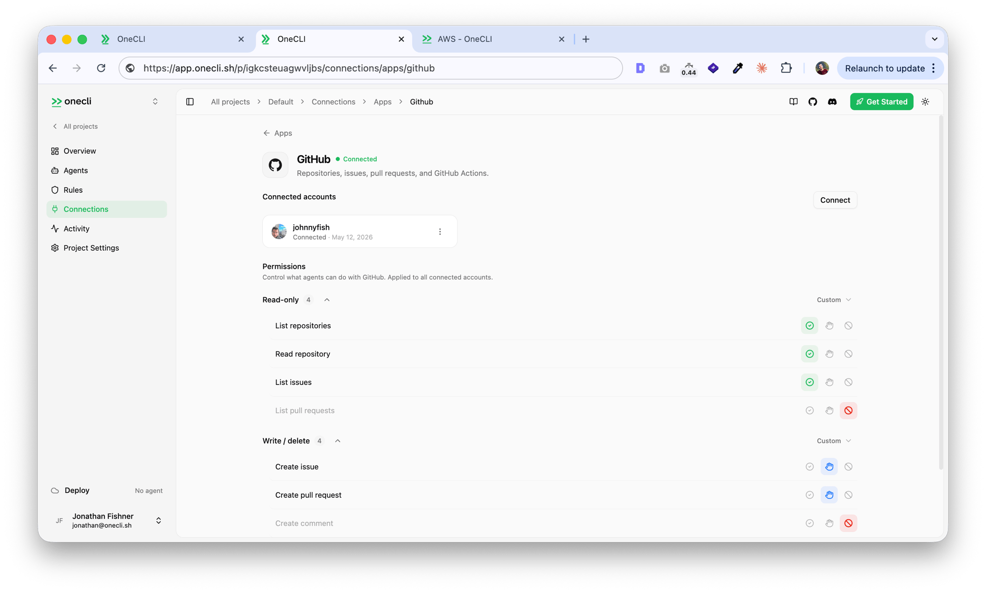 Hogpass dashboard showing the GitHub connection page with OAuth and permissions