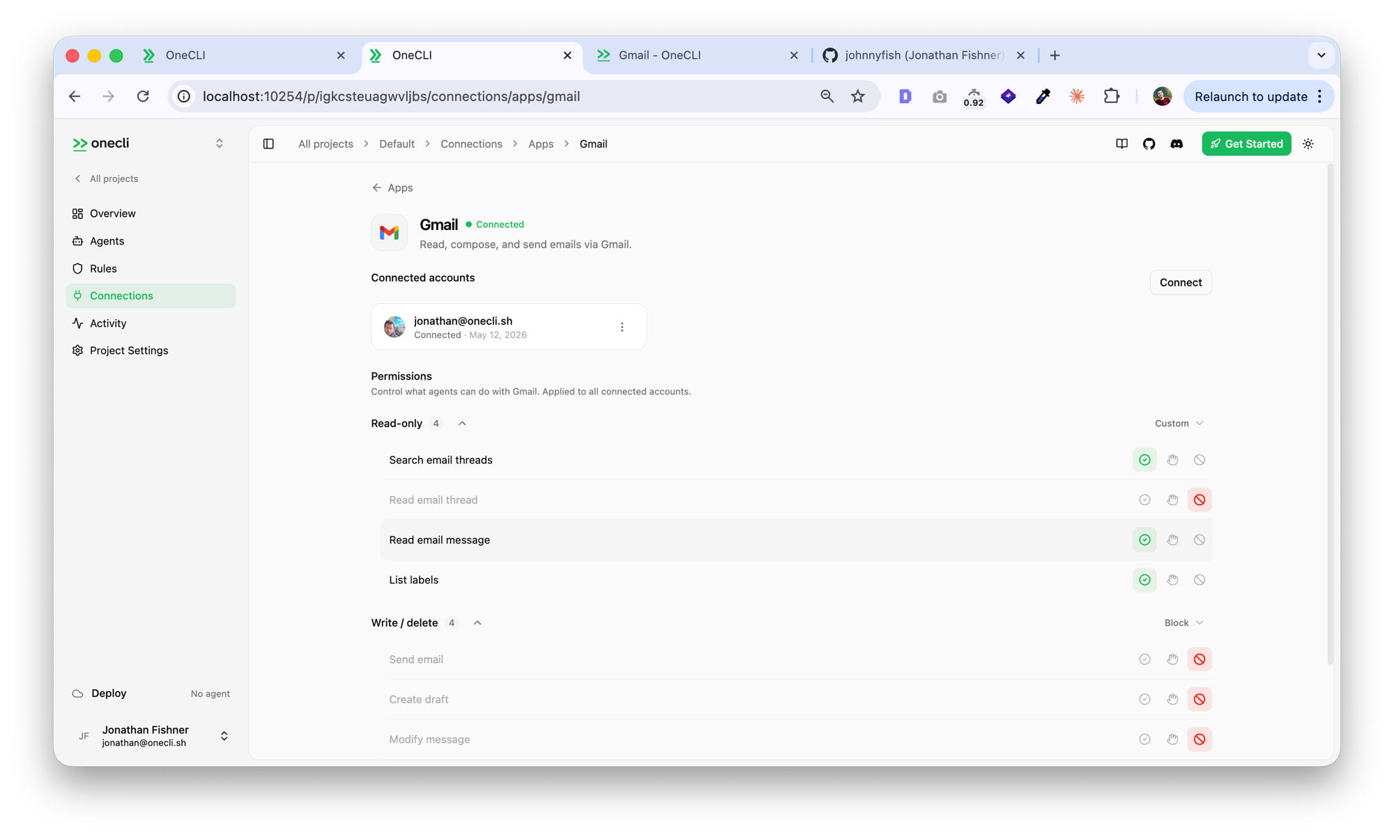 Hogpass dashboard showing the Gmail connection page with per-action read and write permissions