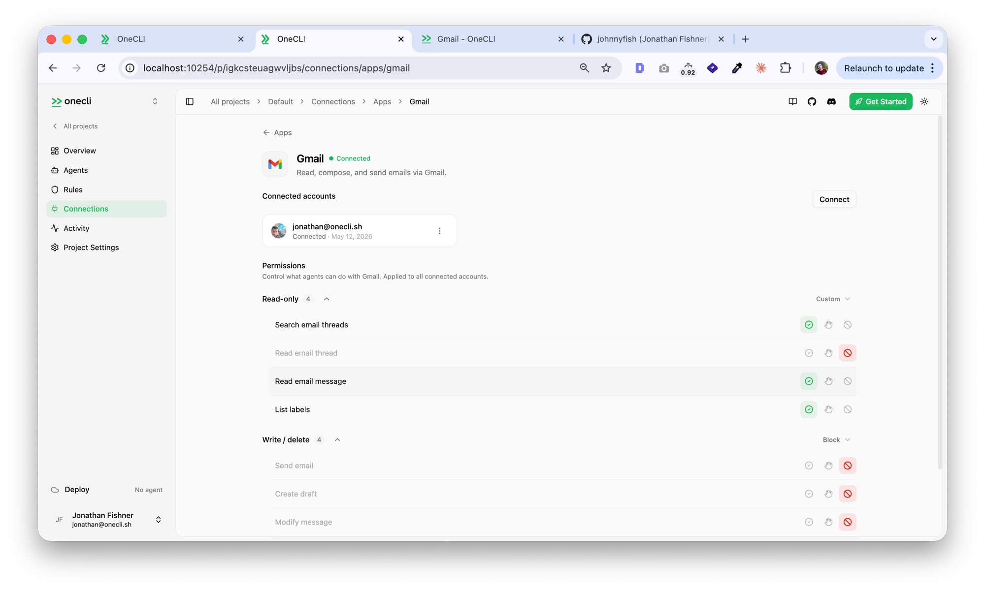 Hogpass dashboard showing the Gmail connection page with per-action read and write permissions
