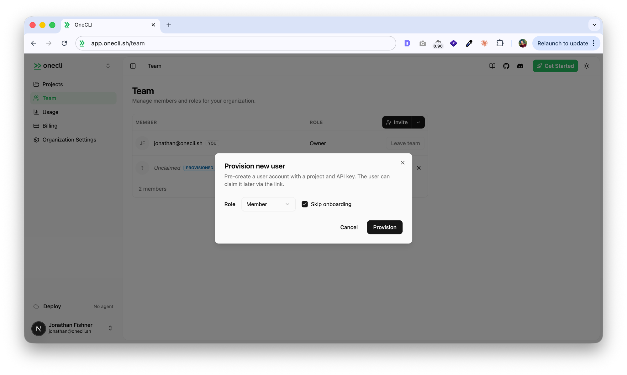 Provision new user dialog with role and skip onboarding options