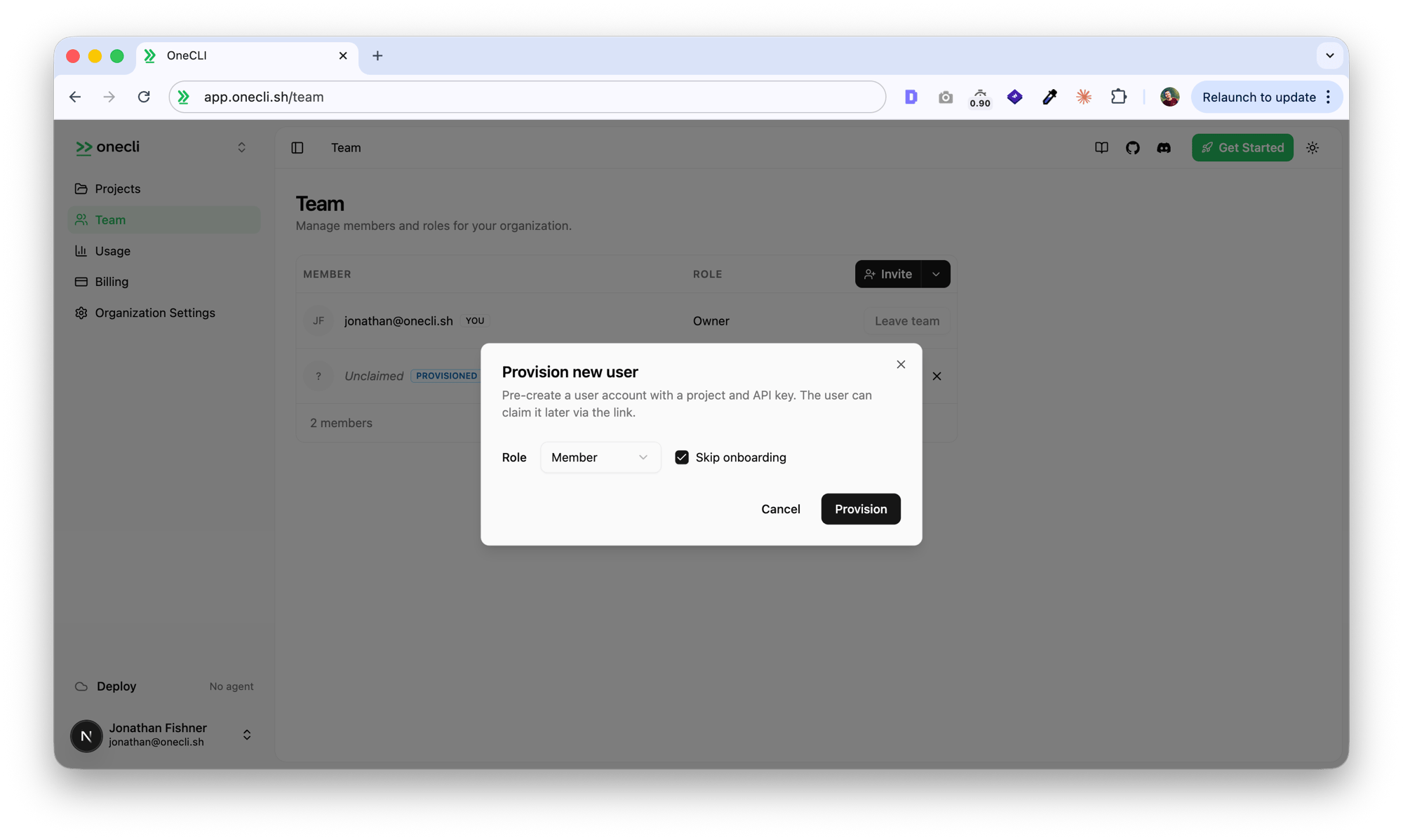 Provision new user dialog with role and skip onboarding options