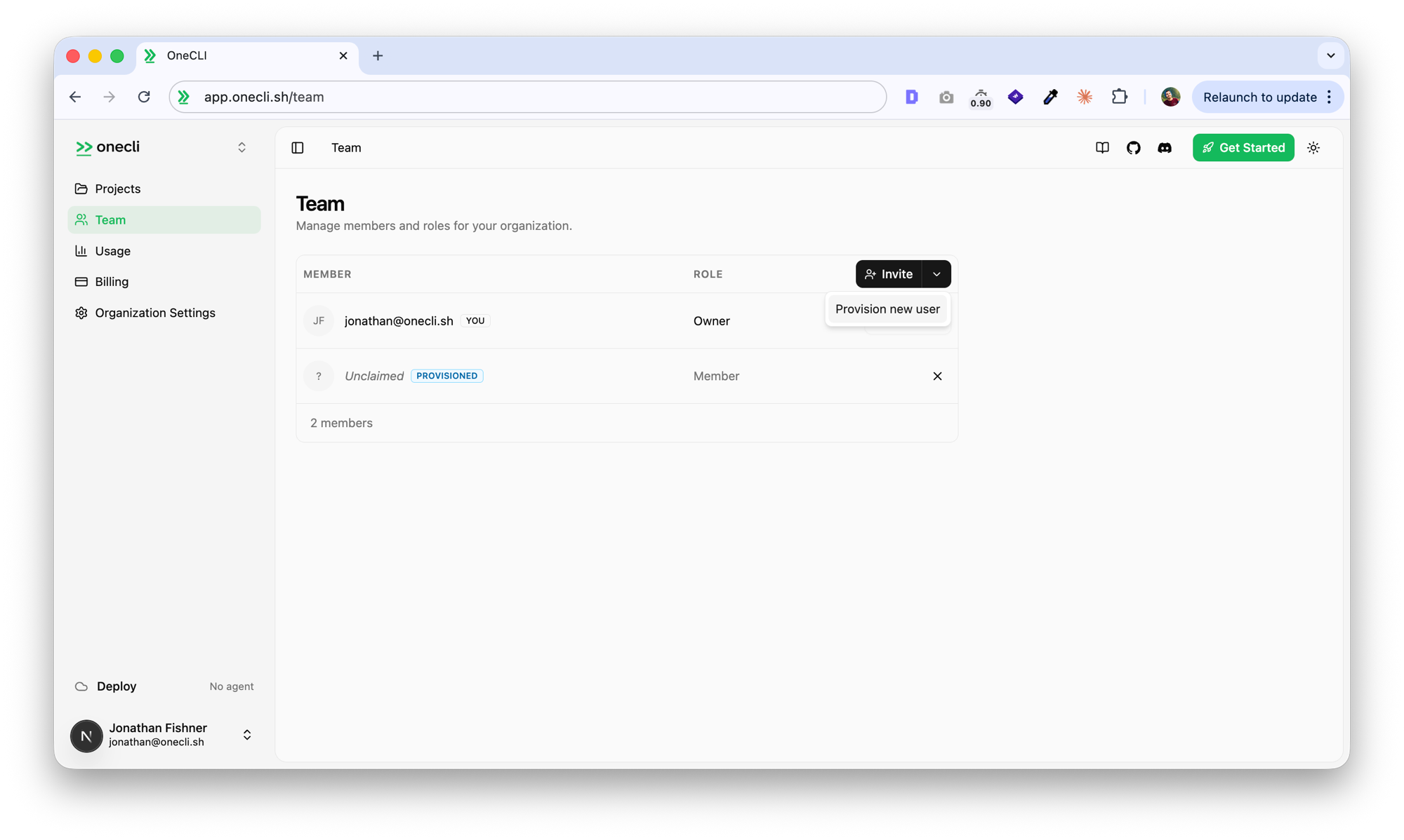 Invite split button with Provision new user option