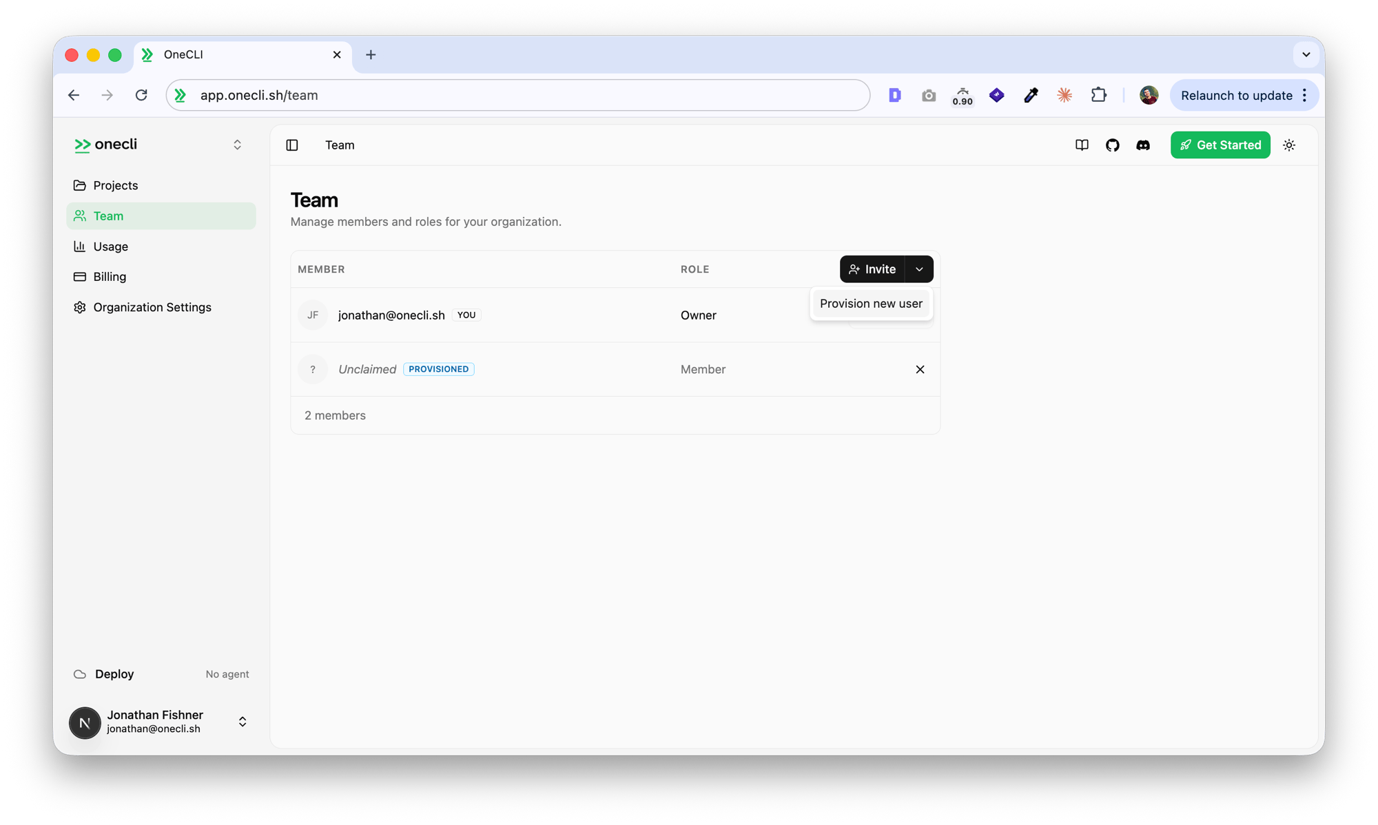 Invite split button with Provision new user option