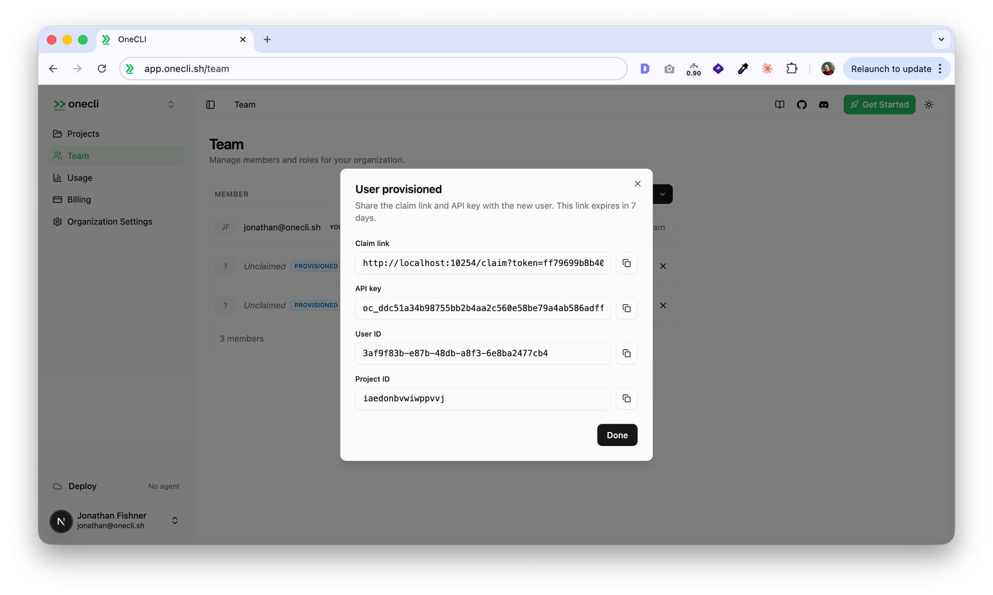 Provision result showing claim link, API key, user ID, and project ID