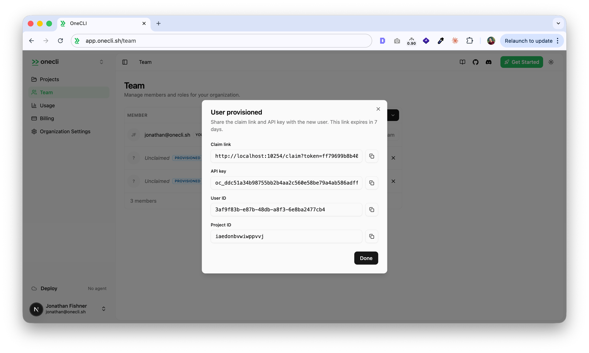 Provision result showing claim link, API key, user ID, and project ID