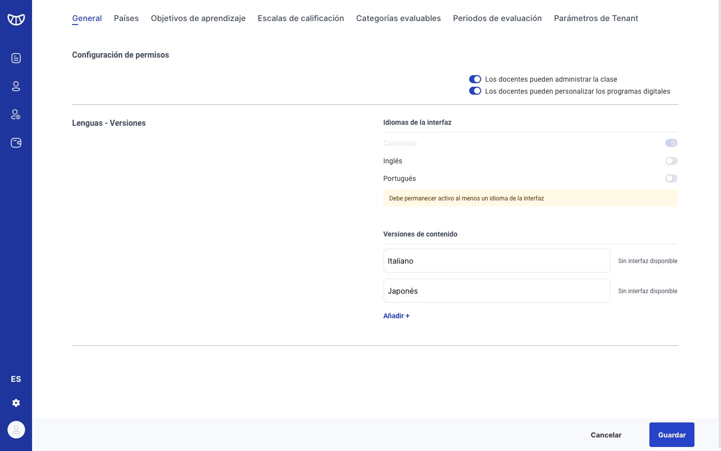Aviso y bloqueo del último idioma de interfaz activo
