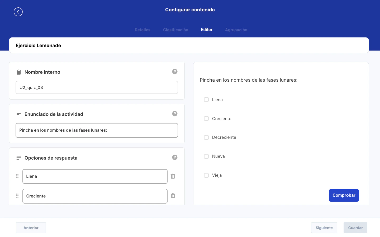 Editor Lemonade con actividad configurada