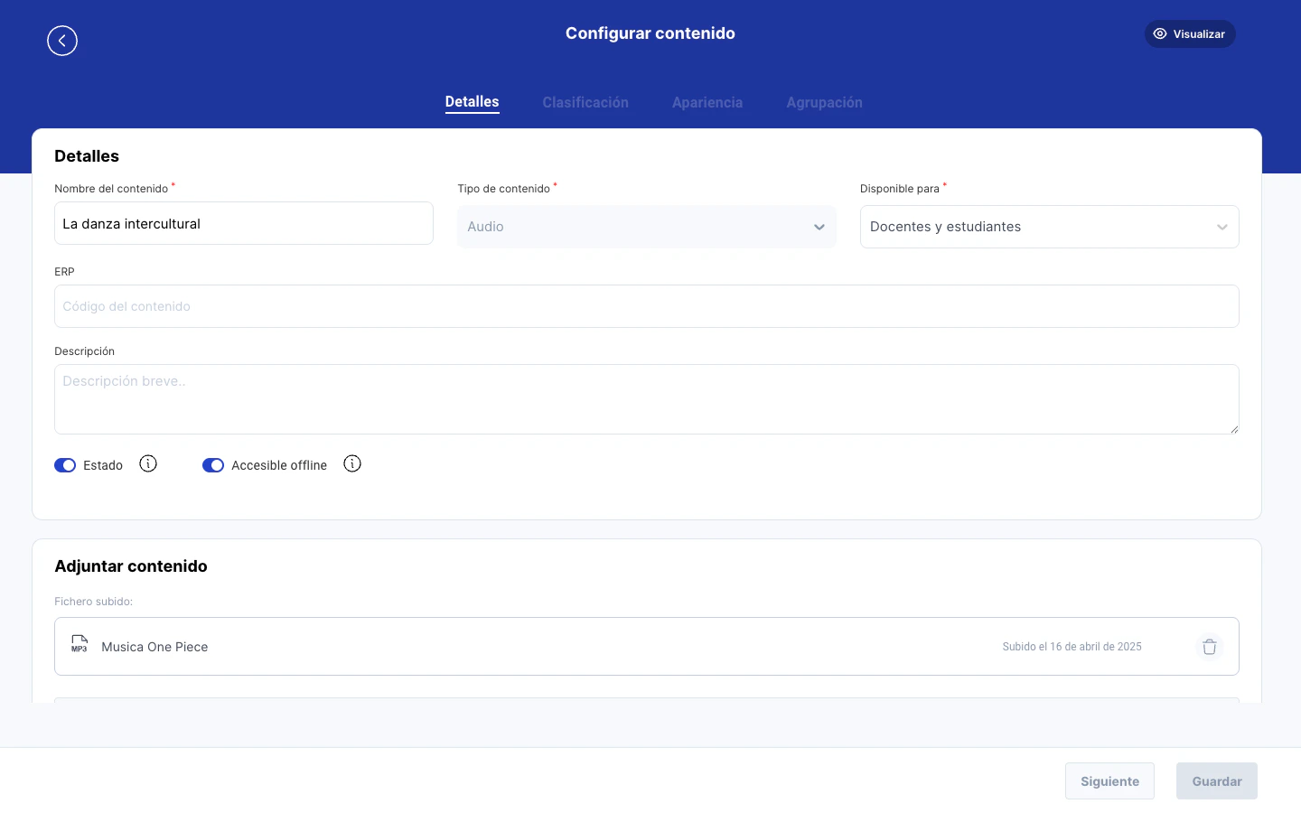 Detalle de un audio con transcripcion subida