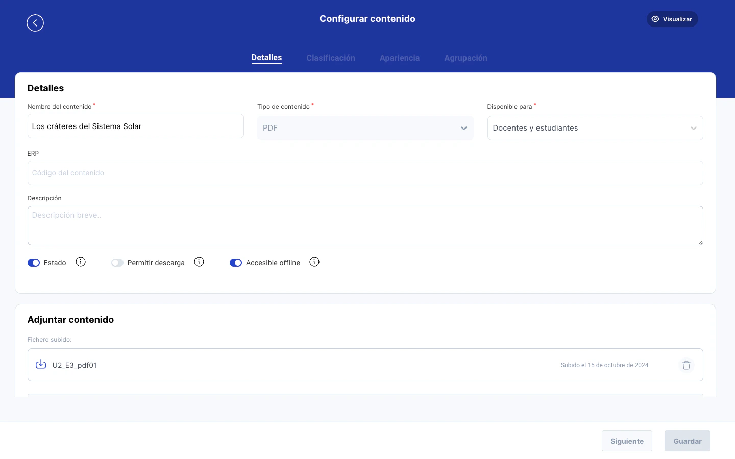 Detalle de un contenido PDF con archivo subido