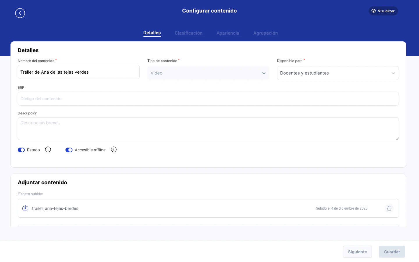 Detalle de un video con secciones de subtitulos y audiodescripcion
