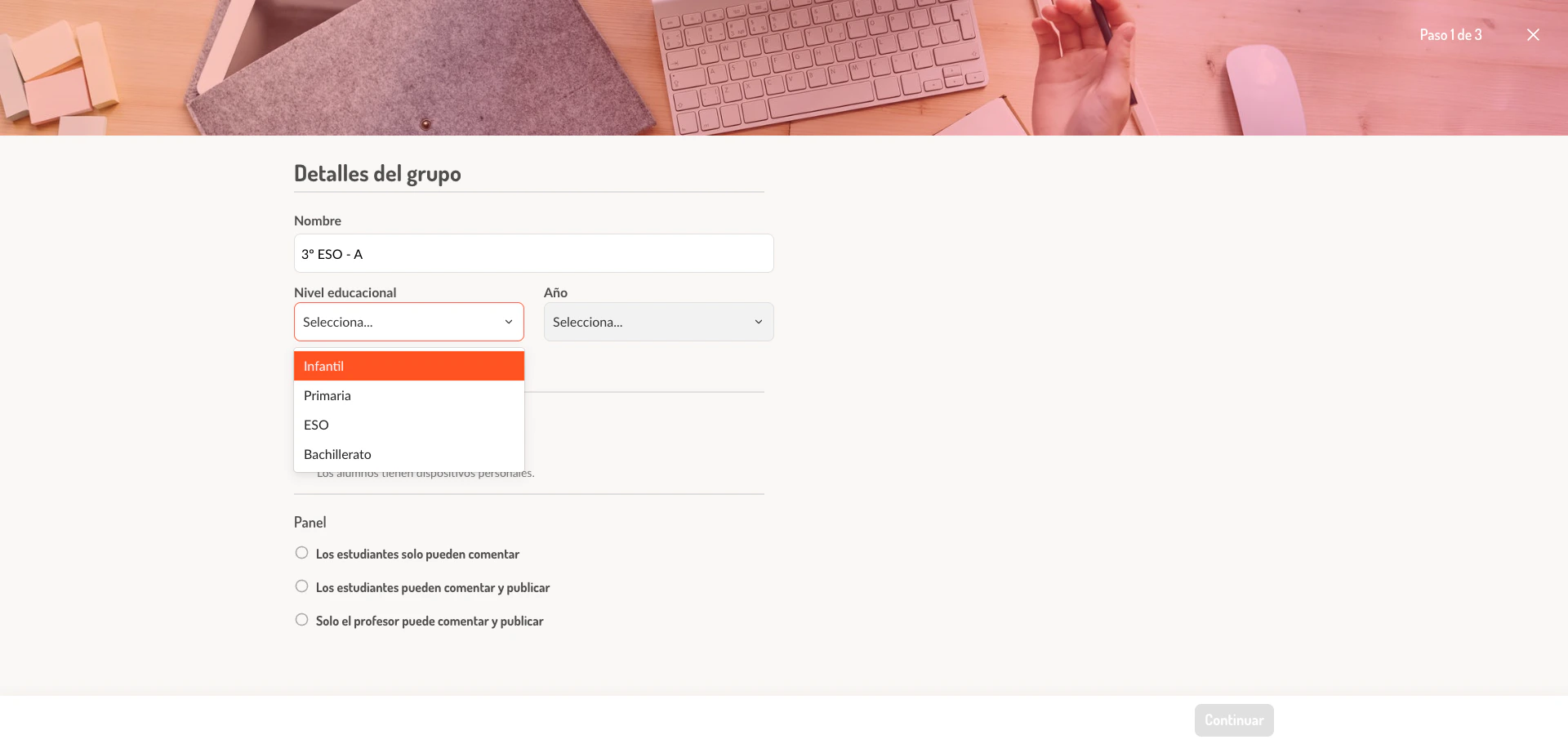 Formulario de detalles de la clase