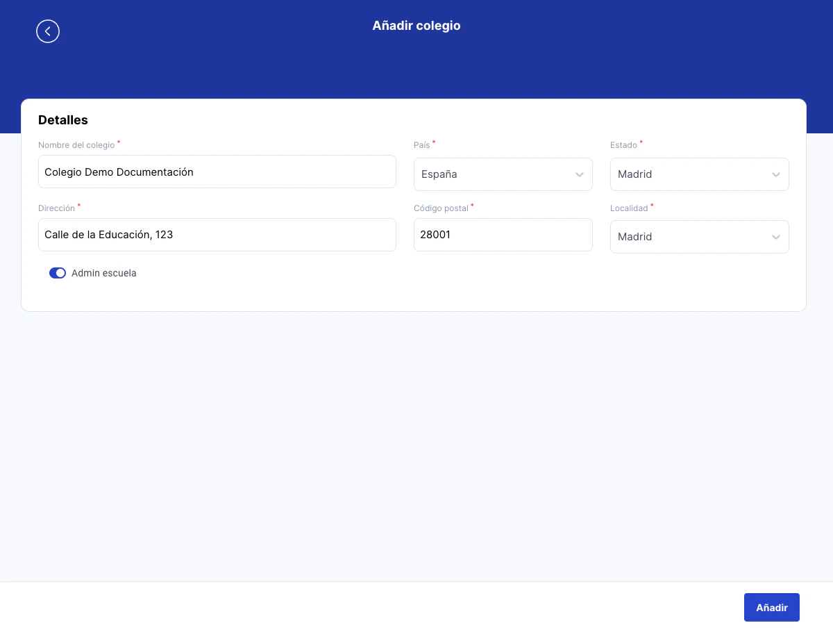 Opción Admin escuela