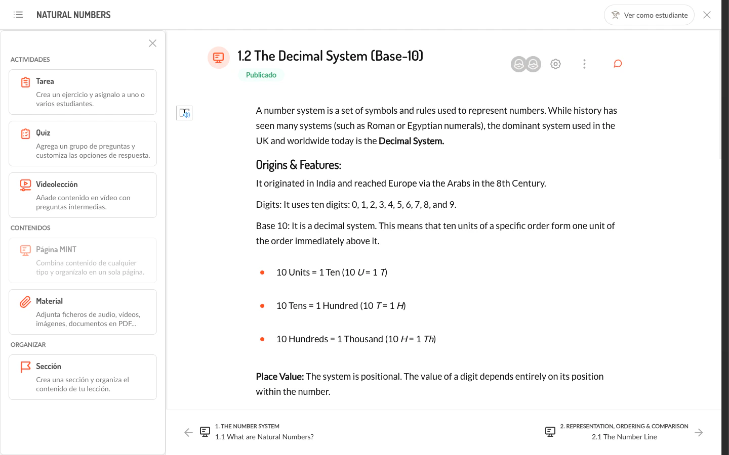 Panel de agregar contenido con opciones de Tarea, Quiz, Videolección, Página MINT, Material y Sección