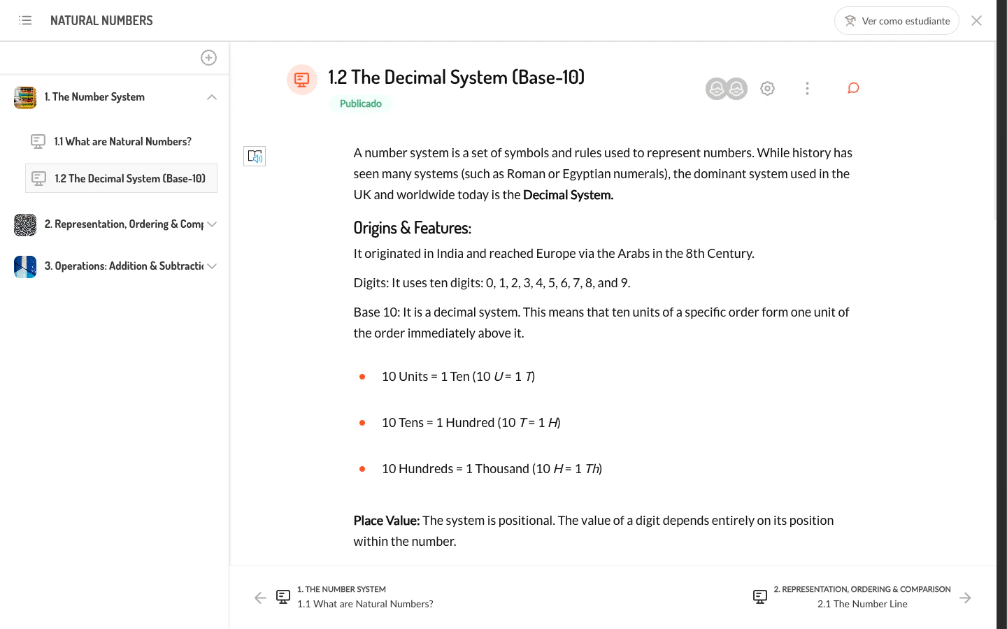 Área de contenido mostrando una página Mint sobre el sistema decimal con texto formateado y notación matemática