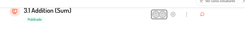 Cabecera del contenido mostrando título, tag de estado Publicado, avatares de estudiantes, icono de configuración, menú de tres puntos e icono de comentarios
