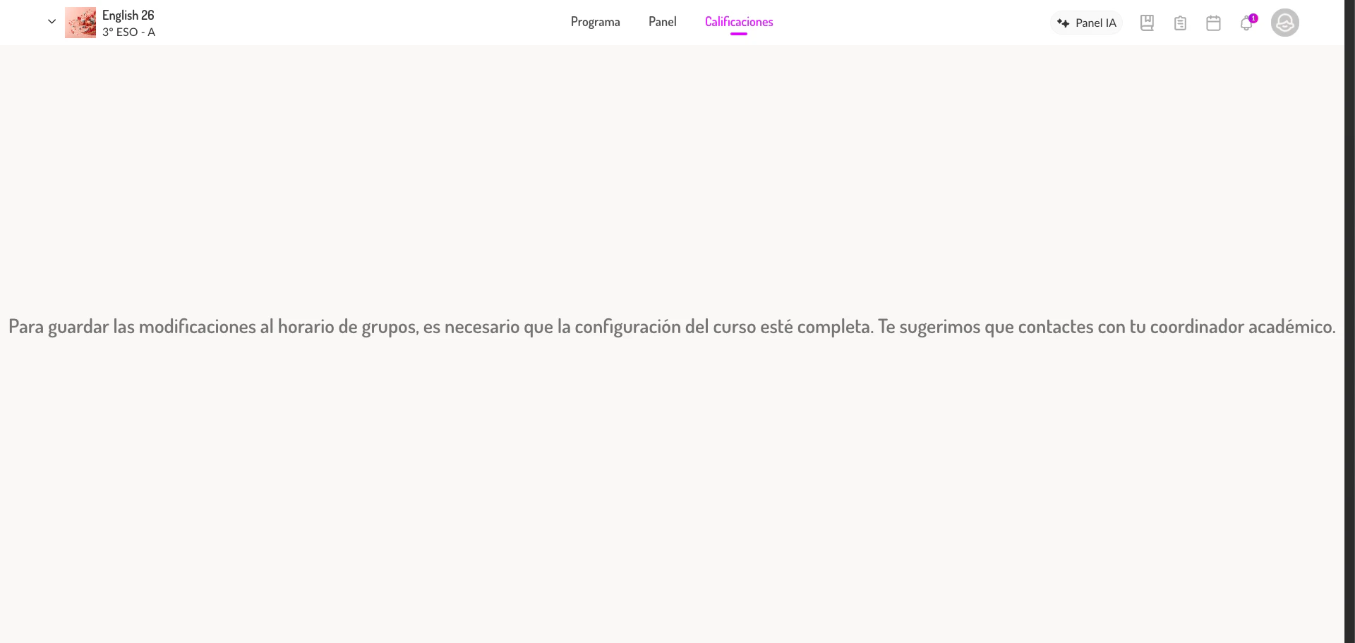 Mensaje de error cuando falta la configuracion del curso