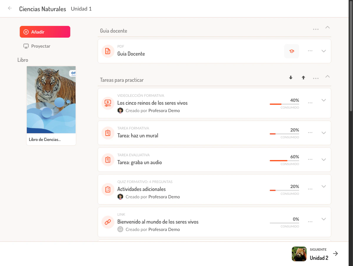 Vista general de una lección con secciones