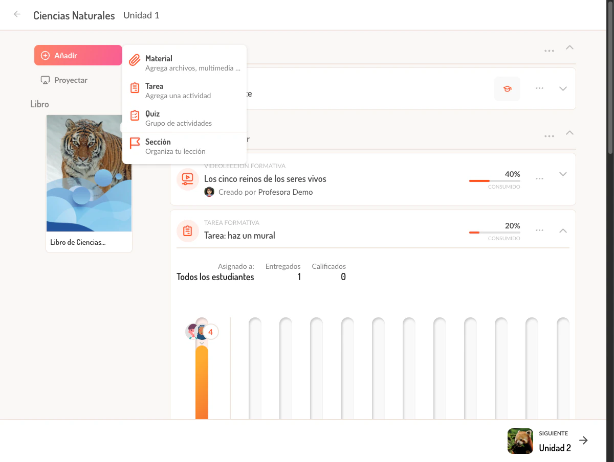 Menú para agregar contenido a la lección