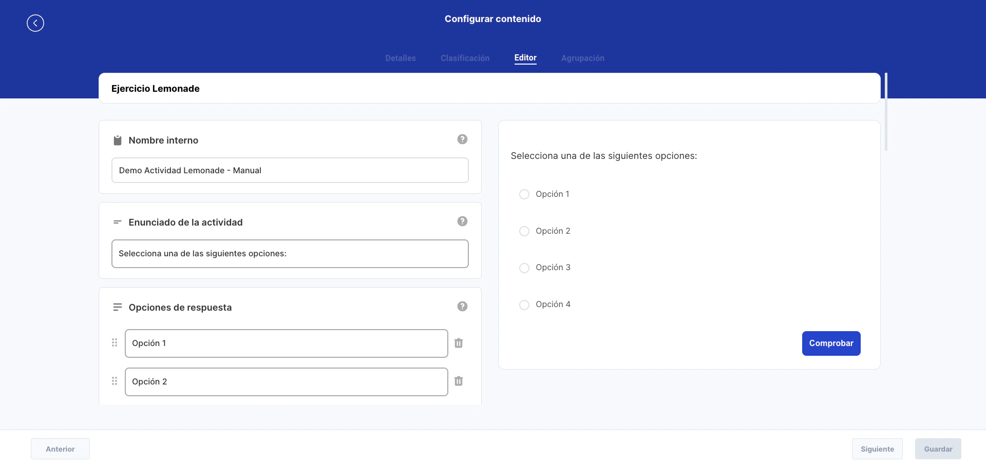 Editor Lemonade con una actividad de respuesta única