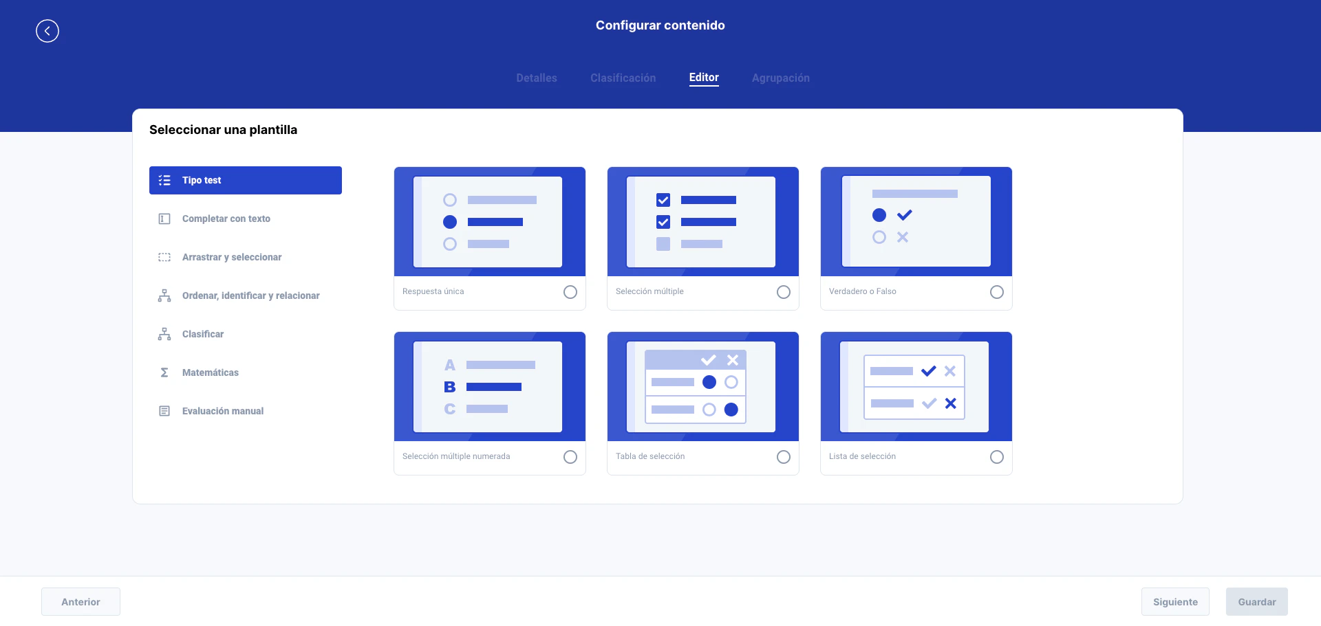 Selector de plantillas Lemonade mostrando la categoría Tipo test