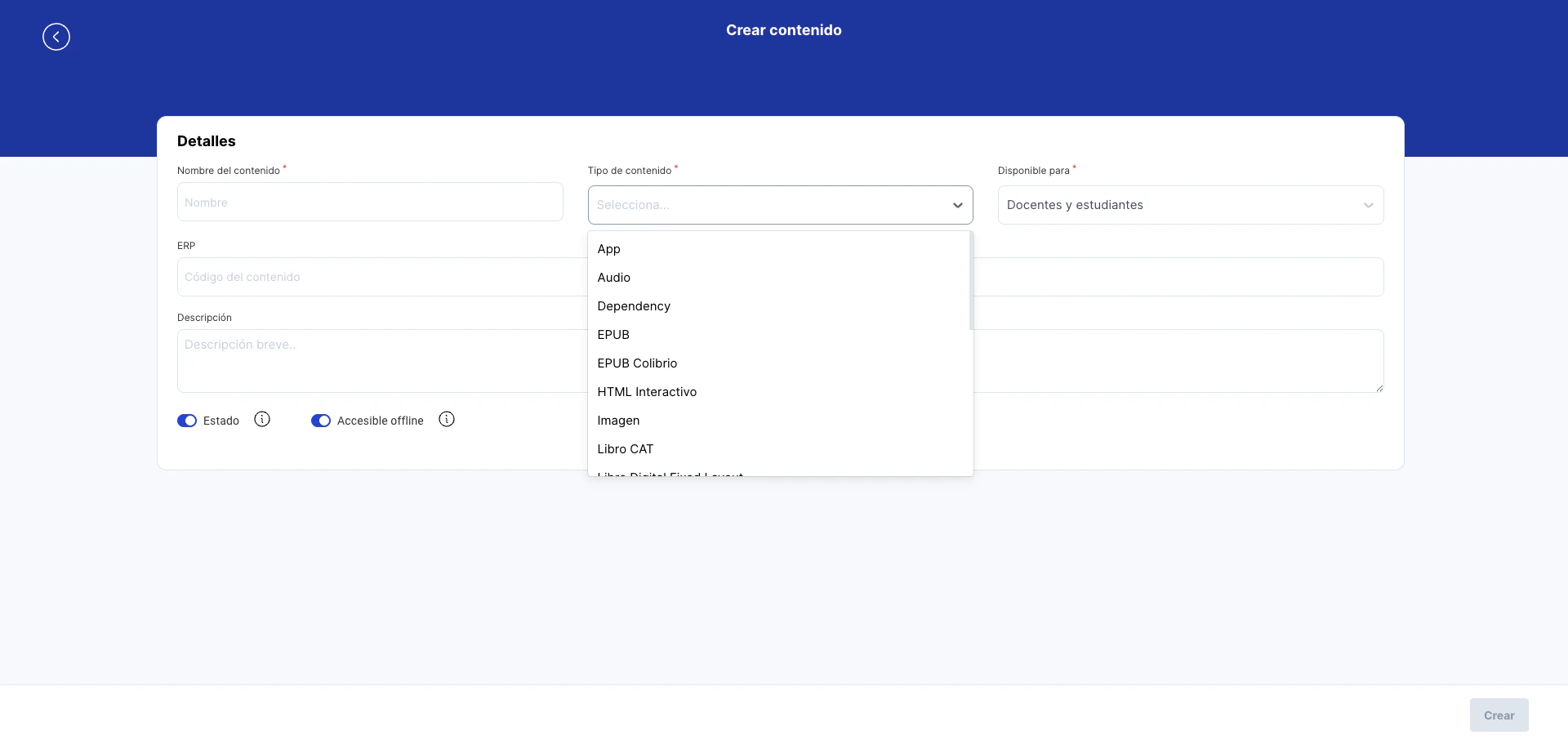 Selector de tipo de contenido mostrando la opción Question