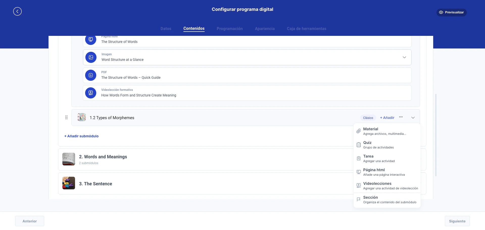 Menú Añadir contenido