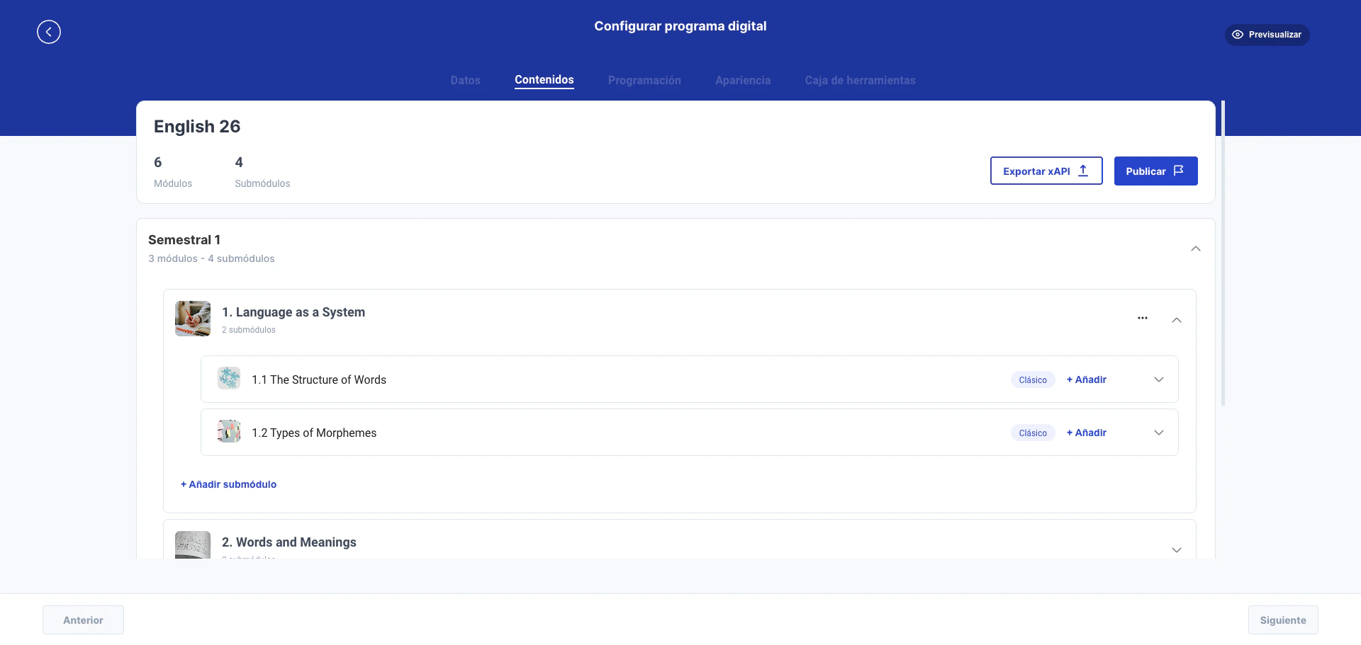 Módulo expandido mostrando submódulos