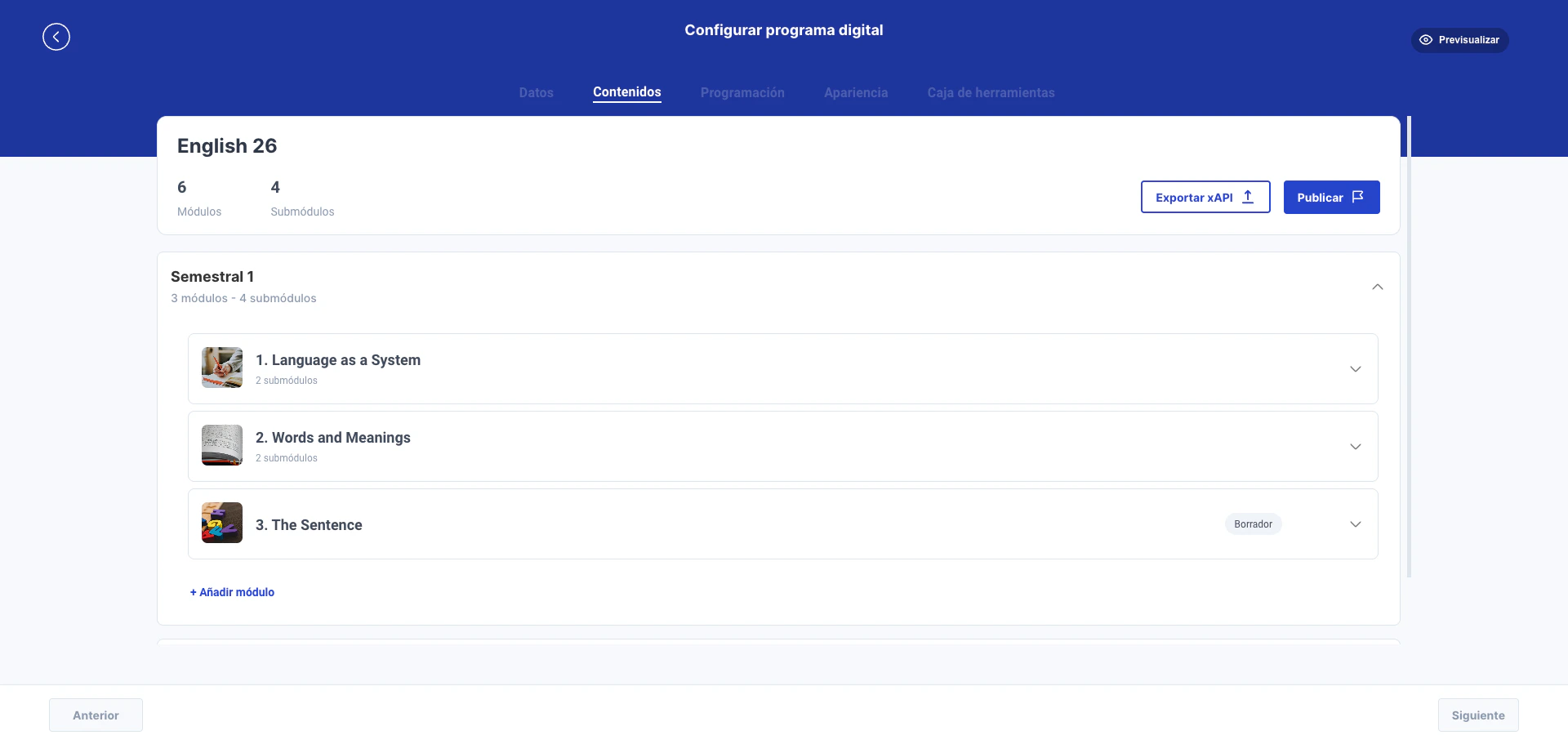 Vista general de contenidos con periodos