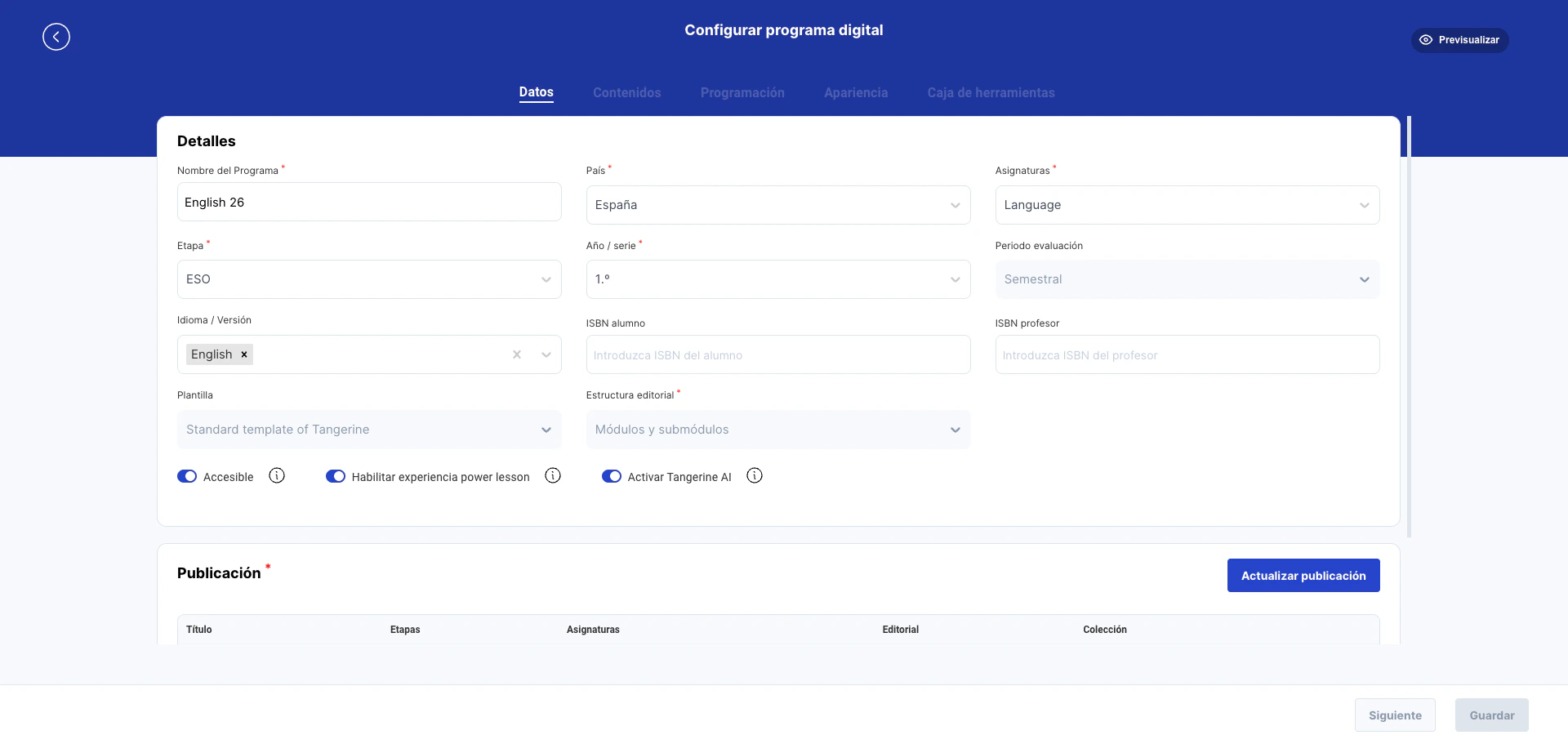 Vista de datos del programa