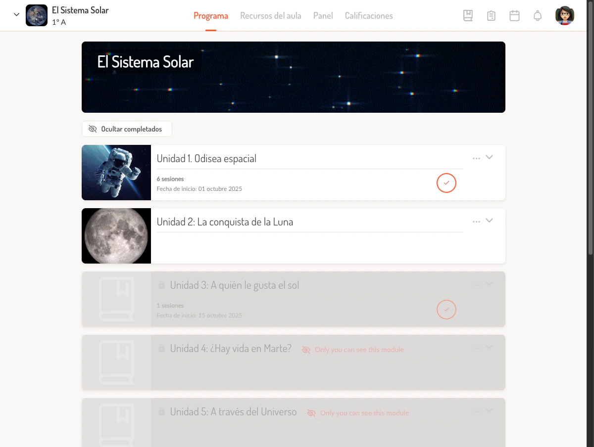 Vista principal del curso mostrando el tab Programa