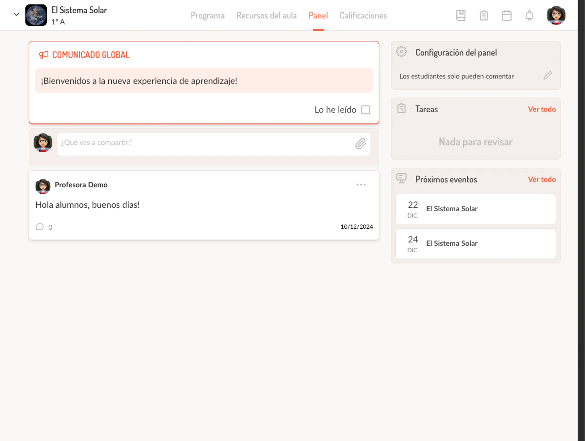 Vista del Panel mostrando el muro de publicaciones y la barra lateral